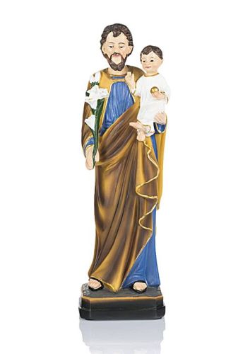 Figura Świętego Józefa 29,5 cm - Józef trzyma na ramieniu Dzieciątko Jezus i laskę z białymi liliami | sklep z figurami religijnymi