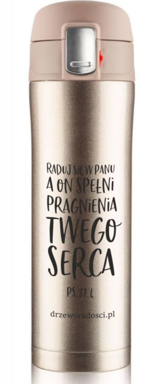 Sklep chrześcijański: Kubek termiczny "RADUJ SIĘ W PANU" 440 ml złoty