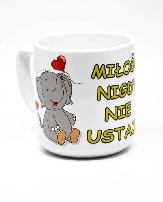 Kubek z emblematem religijnym - "Miłość Nigdy Nie Ustaje"
