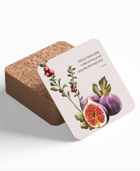 Podkładka korkowa na stół z cytatem z Pisma Świętego "Dobroć i łaska pójdą w ślad za mną ..." (Ps 23,6)