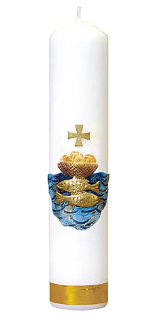 Świeca na ołtarz biała z bogatą aplikacją eucharystyczną O13 producent świec hurtownia religijna