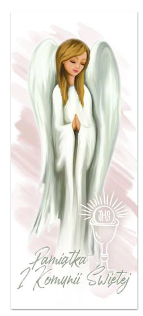 Anioł na desce - pamiątka Komunii Świętej dla dziewczynki (21 x 9 cm)