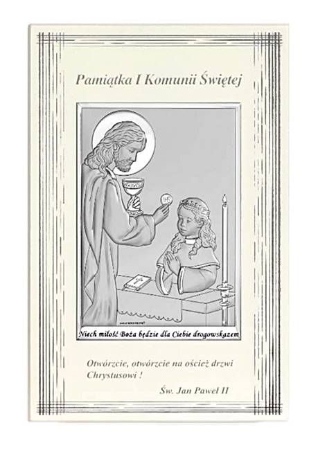 Obrazek srebrny na prezent z okazji I Komunii dla dziewczynki 6596 F/2XA 13,5 x 21 cm sklep chrześcijański prezenty srebrne