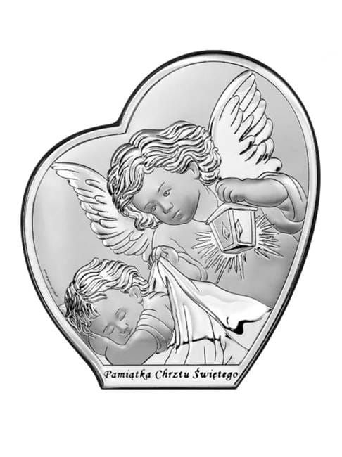 Obrazek srebrny Anioł Stróż Pamiątka Chrztu Świętego 6591S/3, 15x17 cm prezenty srebrne obrazki z grawerem