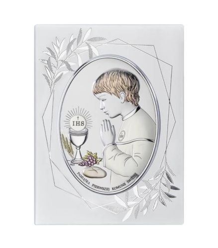 Obrazek ze srebra dla chłopca na Komunię Świętą DS05FO/2CO, 15X20 z napisem