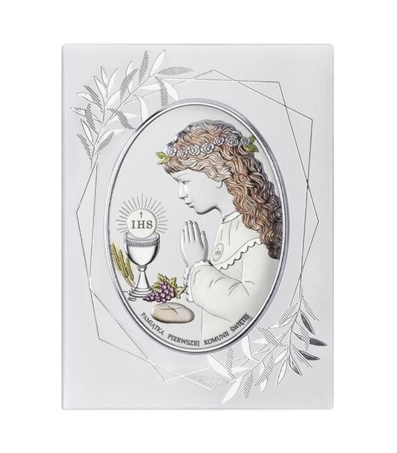Prezenty srebrne na chrzest komunię świętą | Obrazek ze srebra dla dziewczynki na Komunię Świętą DS05FO/2CA, 15X20