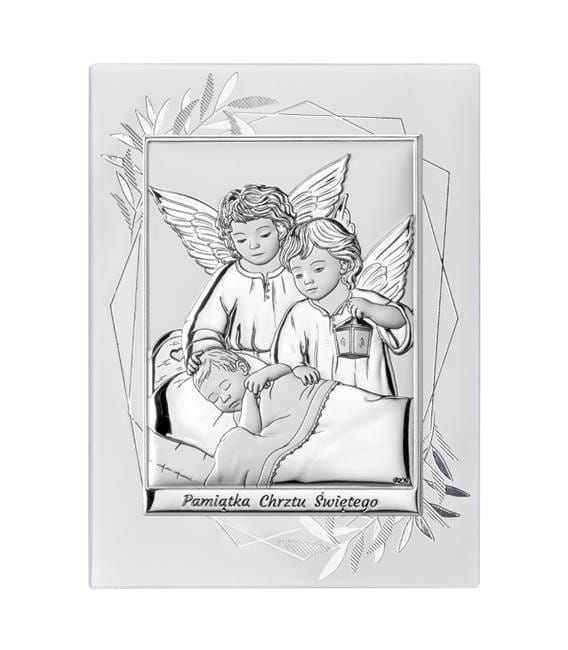 Sklep upominki religijne | Obrazek srebrny Pamiątka Chrztu Świętego Aniołek z latarnią DS09FO/2, 15X20