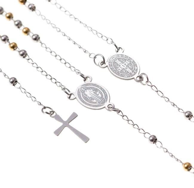 Różaniec naszyjnik ze stali szlachetnej z medalikiem św. Benedykta Stainless Steel RS004 sklep z różańcami na szyję