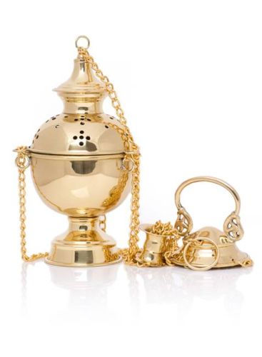 Trybularz mosiężny 23cm z długim łańcuchem 78cm, kadzielnica liturgiczna do codziennych i uroczystych celebracji, wysokiej jakości odlew