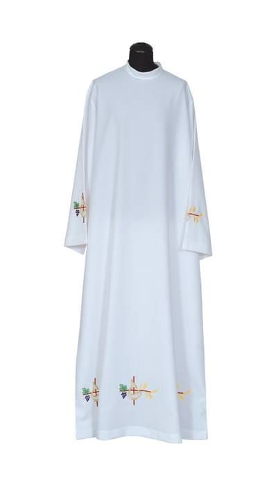 Alba biała dla księdza haftowana AS30 stójka symbole eucharystyczne zapięcie na ramieniu. Kierlikówka sklep