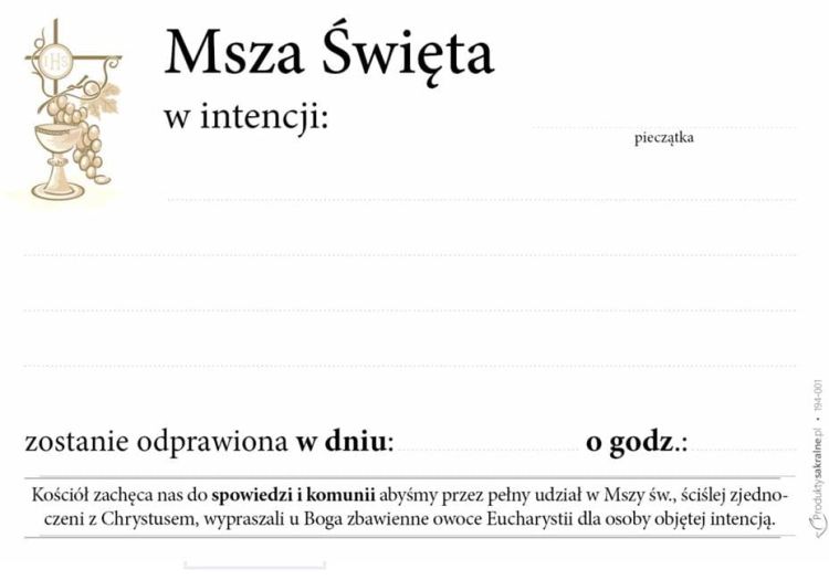 Karteczki na intencje Mszy Świętej - druki parafialne (25 sztuk format A6)