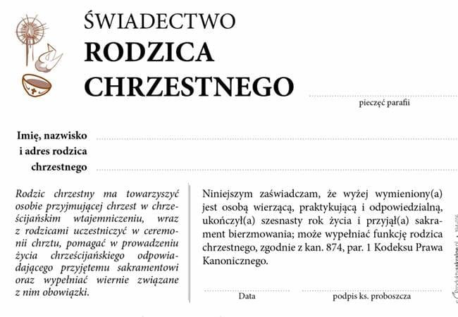 Świadectwo dla rodzica chrzestnego - druki parafialne (25 sztuk format A6) sklep akcydensy Parafialne Hlondianum inne