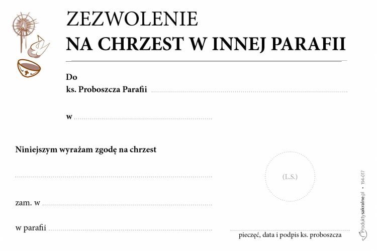 Zezwolenie na chrzest w innej parafii - druki parafialne (25 sztuk format A6) księgarnia religijna sklep pomoce duszpasterskie