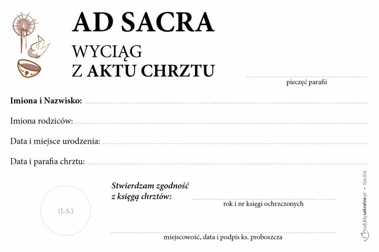 Ad Sacra - wyciąg z Aktu Chrztu - druki parafialne (25 sztuk format A6) sklep dla księży pomoce do kancelarii parafialnej