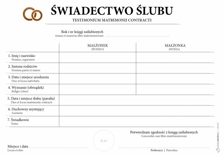 Świadectwo Ślubu - druki do kancelarii parafialnej (25 sztuk format A4) księgarnia religijna sklep