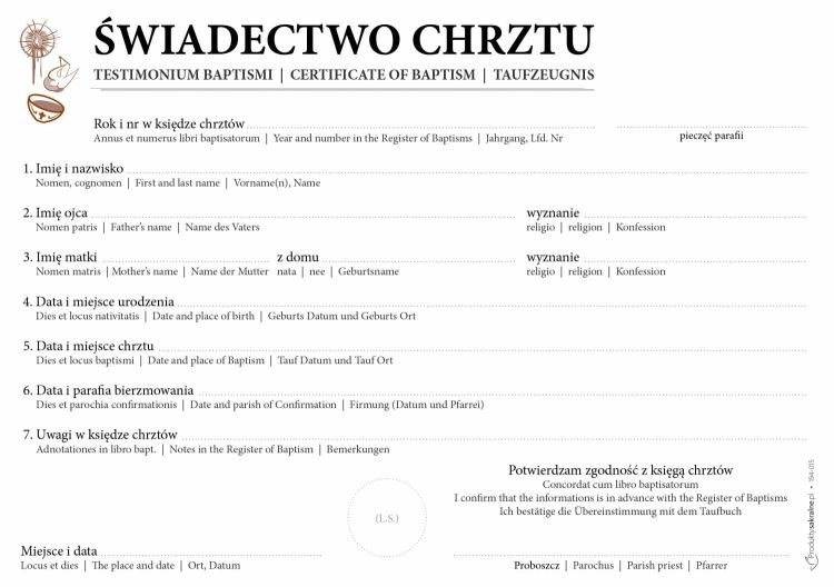 Świadectwo Chrztu w 3-językach - druki do kancelarii parafialnej (25 sztuk format A4) sklep pomoce duszpasterskie