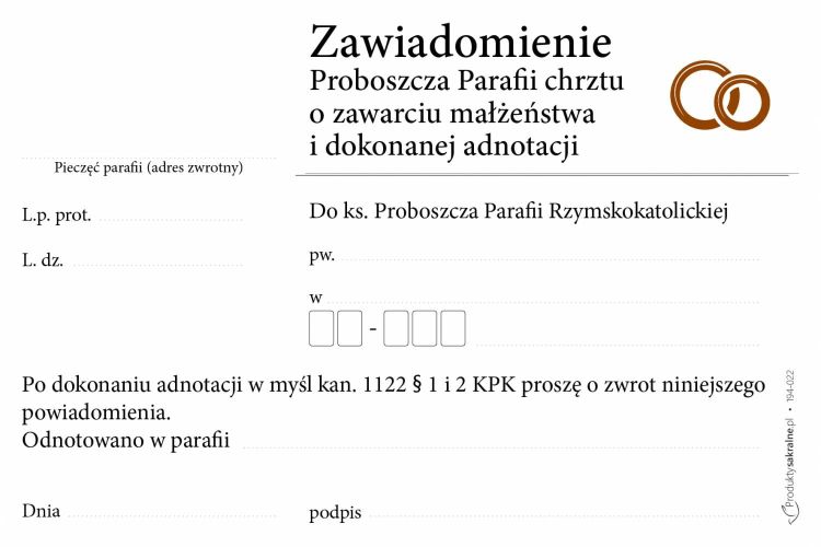 Zawiadomienie proboszcza parafii chrztu o zawarciu małżeństwa i adnotacji - druki do kancelarii parafialnej (25 sztuk format A6)