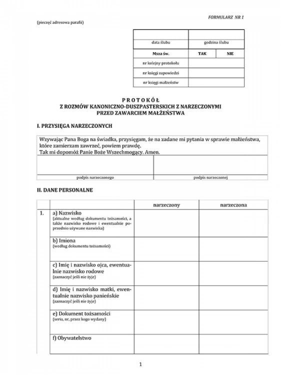 Protokół przedmałżeński - druki do kancelarii parafialnej (50 sztuk formatu A4)