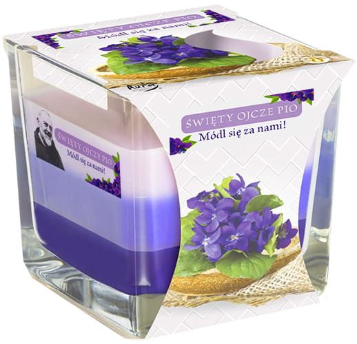 Świeca zapachowa z Ojcem Pio o zapachu fiołków sklep chrześcijański
