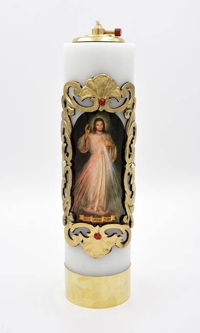 Świeca liturgiczna z wizerunkiem Jezusa Miłosiernego i napisem "Jezu Ufam Tobie", wykonana z wysokogatunkowej parafiny, z wkładem olejowym | Świeca Boże Miłosierdzie