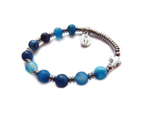 Bransoletka różaniec na rękę z niebieskich agatów 8135 [K104] biżuteria chrześcijańska