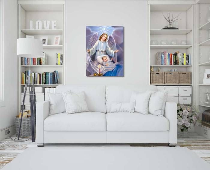Anioł Stróż nad dzieckiem w łóżeczku - obraz na płótnie canvas 40 x 60 księgarnia chrześcijańska dewocjonalia