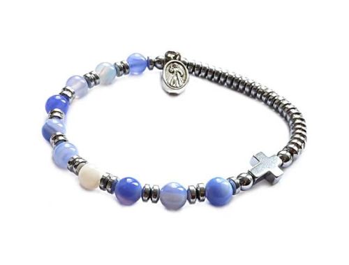 Bransoletki różańce: Różaniec na rękę z agatów błękitnych i srebrnego hematytu 8360 [SZ7]