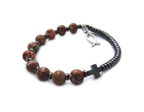 Sklep chrześcijański dewocjonalia : Bransoletka ozdobny różaniec na rękę z jaspisu i hematytu z rybką 7515 [22]