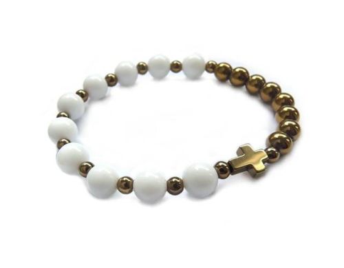 Bransoletka różaniec na rękę z białych agatów i złotego hematytu 7890 [K17] sklep dewocjonalia