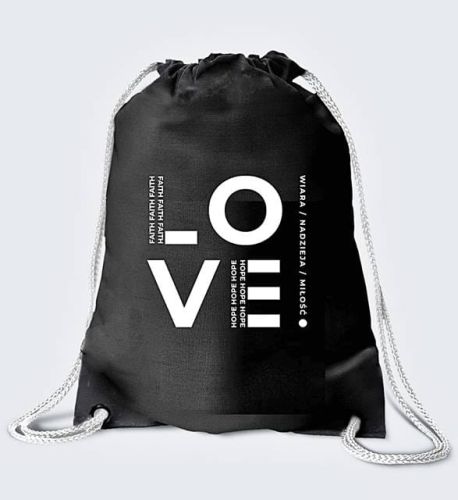 Bawełniany worek plecak chrześcijański – „LOVE „, wiara, nadzieja, miłość" księgarnia religijna
