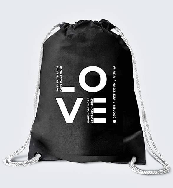 Bawełniany worek plecak chrześcijański – „LOVE „, wiara, nadzieja, miłość" księgarnia religijna