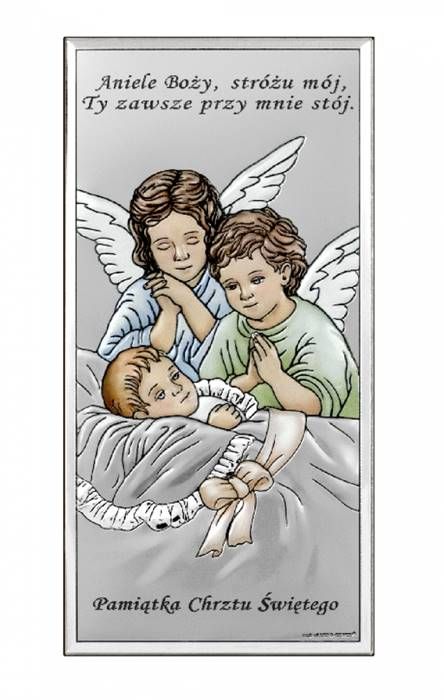 Sklep upominki religijne srebrne Srebrny obrazek Aniołki nad łóżeczkiem z modlitwą - upominek religijny