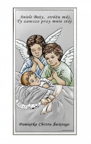 Sklep upominki religijne srebrne Srebrny obrazek Aniołki nad łóżeczkiem z modlitwą - upominek religijny