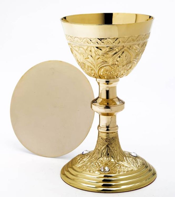 Kielich liturgiczny 22 cm z kryształami - zestaw z pateną płaską na hostie 10-742 sklep dewocjonalia artykuły liturgiczne