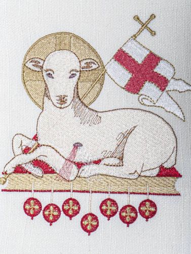 Stuła kapłańska biała haftowana z motywem baranka na Wielkanoc KST/227/05/49 sklep z ornatami i innymi szatami liturgicznymi