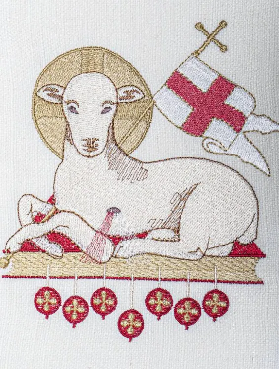 Stuła kapłańska biała haftowana z motywem baranka na Wielkanoc KST/227/05/49 sklep z ornatami i innymi szatami liturgicznymi