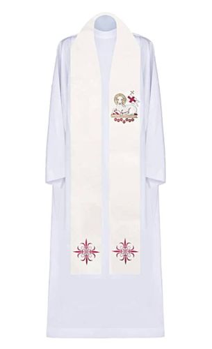 Stuła kapłańska biała haftowana z motywem baranka na Wielkanoc KST/227/05/49 sklep z ornatami i innymi szatami liturgicznymi