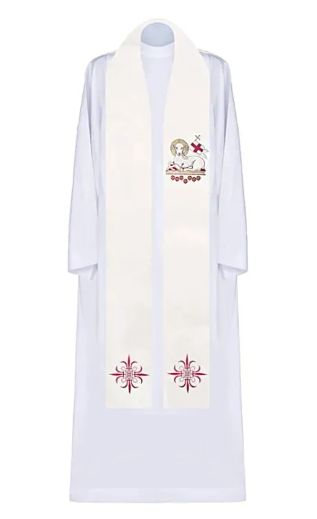 Stuła kapłańska biała haftowana z motywem baranka na Wielkanoc KST/227/05/49 sklep z ornatami i innymi szatami liturgicznymi