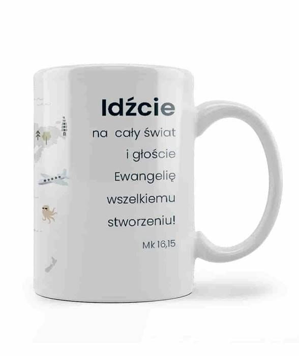Sklep chrześcijański: Kubek z biblijnym wersetem "Idźcie na cały świat i głoście Ewangelię ..." Mk 16,15