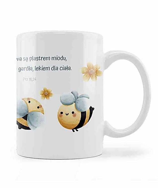 Kubek z biblijnym wersetem "Dobre słowa są plastrem miodu, słodyczą dla gardła, lekiem ..." (Prz 16,24)
