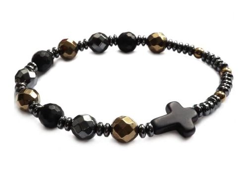 Różaniec z kamieni szlachetnych na rękę - hematyt, onyks 8624 [P3] sklep chrześcijański z różańcami