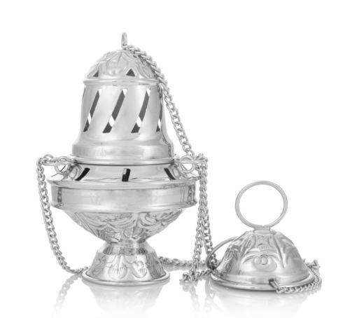 Trybularz Santiago de Compostela z niklowanego mosiądzu, 15cm wysokości, z wyciąganym wkładem i 65cm łańcuchem