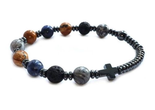 Różaniec z kamieni szlachetnych na rękę - lawy wulkanicznej, jaspisu, sodalitu i hematytu 8641 [P6]