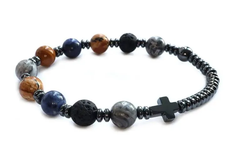 Różaniec z kamieni szlachetnych na rękę - lawy wulkanicznej, jaspisu, sodalitu i hematytu 8641 [P6]
