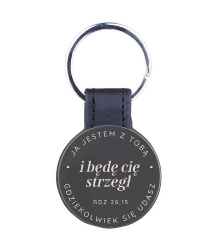 Brelok metal - skóra z biblijnym cytatem “Ja jestem z tobą i będę cię strzegł, gdziekolwiek się udasz ” Rdz 28,15 SZBR/0038 księgarnia sklep chrześcijański