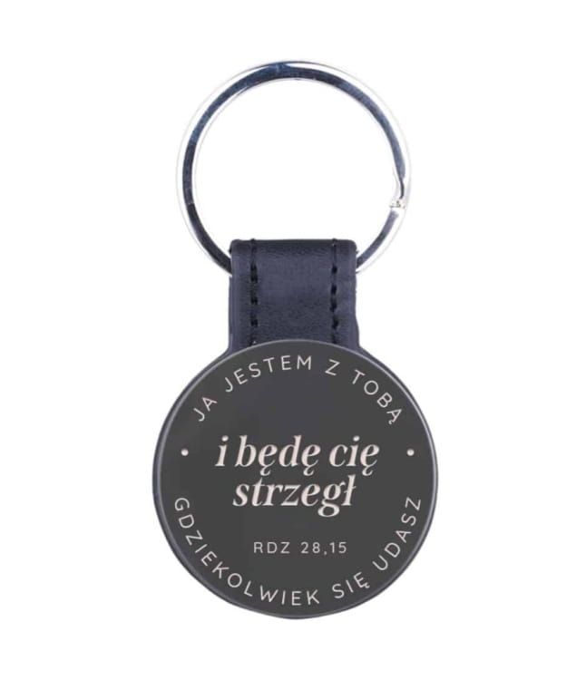 Brelok metal - skóra z biblijnym cytatem “Ja jestem z tobą i będę cię strzegł, gdziekolwiek się udasz ” Rdz 28,15 SZBR/0038 księgarnia sklep chrześcijański