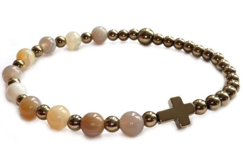 Różaniec bransoletka na rękę z szarego agatu i złotego hematytu 8689 [P12] najwyższej jakości ręcznie zrobiony różaniec