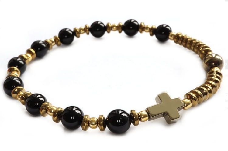Bransoletka w formie różańca na rękę z onyksu i złotego hematytu 8691 [P10] KOLCZYKARNIA sklep chrześcijański