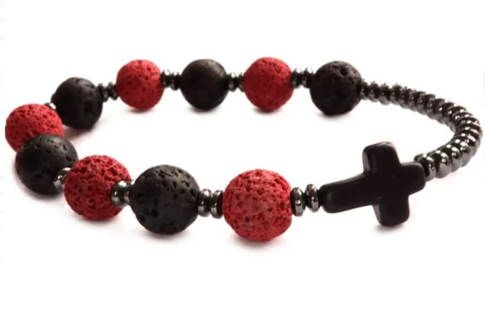 Różaniec bransoletka z lawy wulkanicznej i hematytu – modlitwa zawsze pod ręką 8696 [P10] księgarnia chrześcijańska