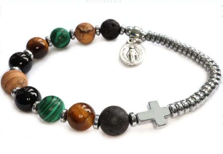 Różaniec na rękę - bransoletka z onyksu, jaspisu, lawy wulkanicznej i hematytu 8733 [P18] kolczykarnia